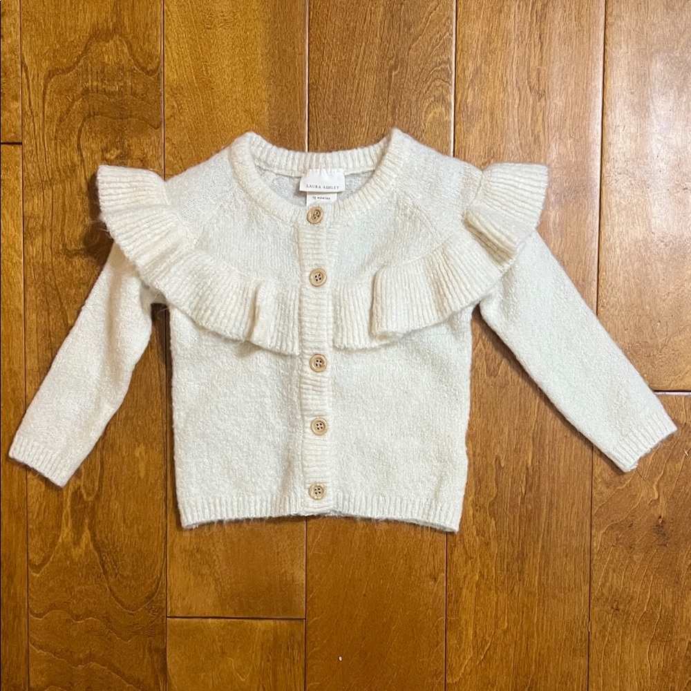 Laura Ashley Baby Girls Cream Ruffle Knit Cardigan Sweater 12 Months Cottagecore